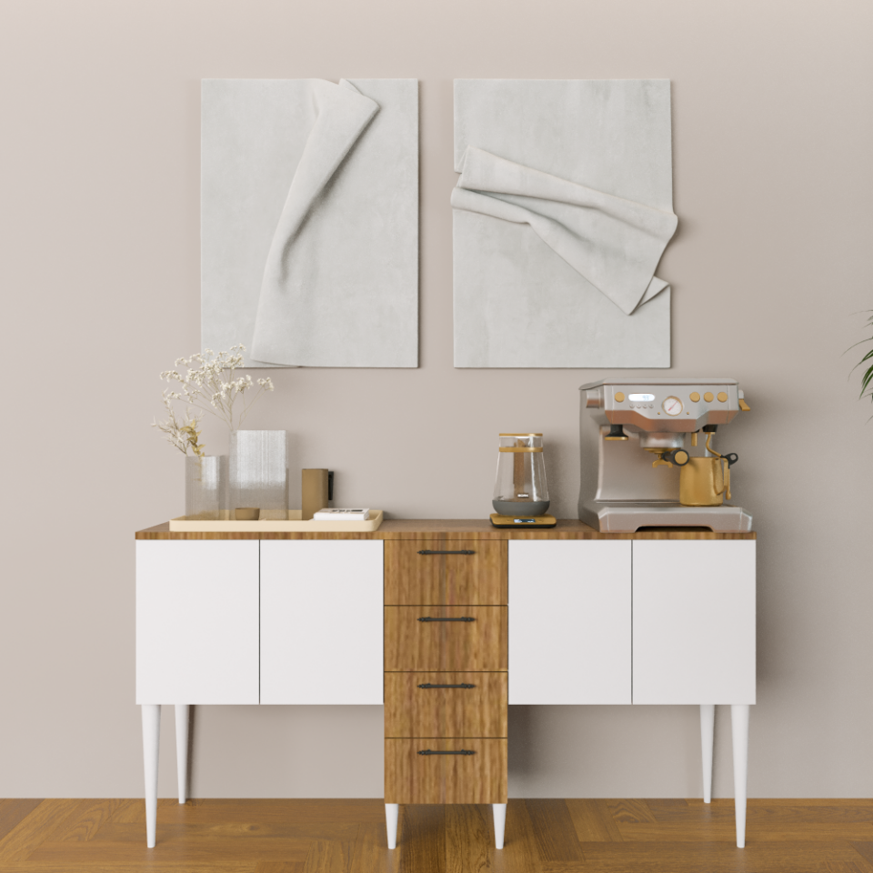 Kios 150 cm Parlak Beyaz & Mat Ceviz MDF Lam Çok Amaçlı Dolap ve Kahve Köşesi