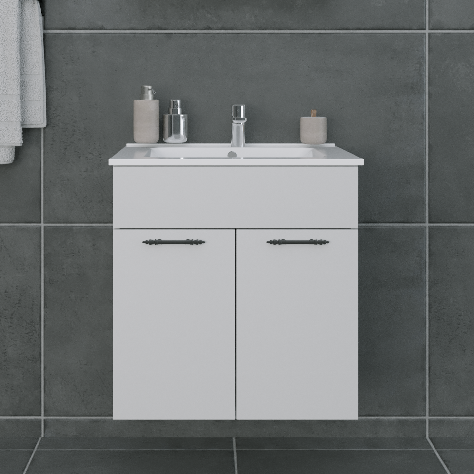Regnum-S 65 cm Etajerli Lavabolu Parlak Beyaz MDF Lam Lavabo Dolabı