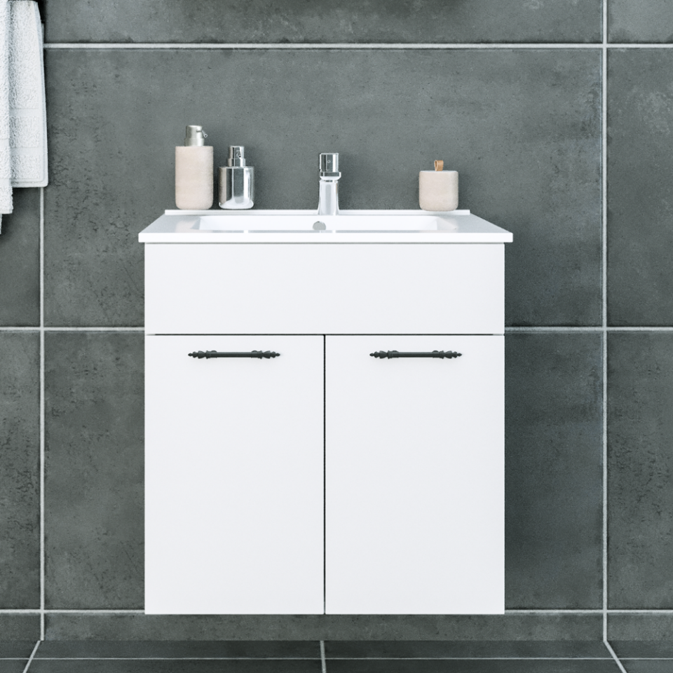 Regnum-S 65 cm Etajerli Lavabolu Parlak Beyaz MDF Lam Lavabo Dolabı