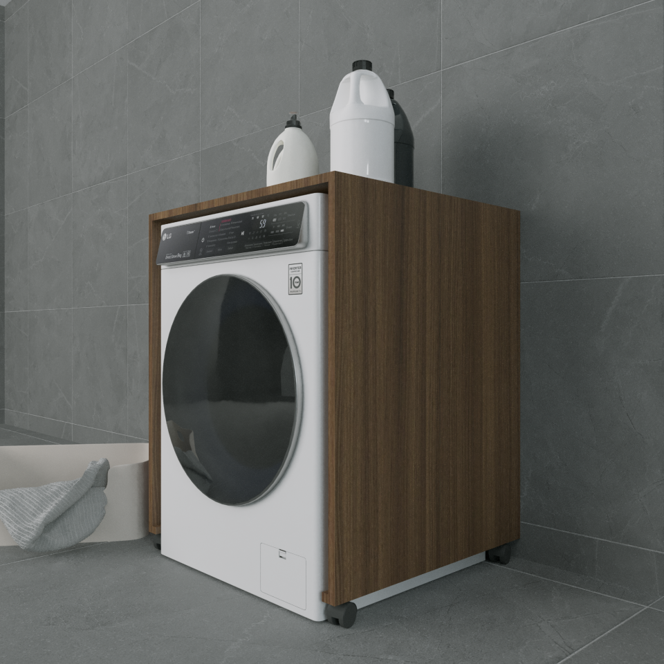 Soli-C 70 cm Mat Ceviz MDF Lam Tekerlekli Çamaşır Makinesi Ünitesi