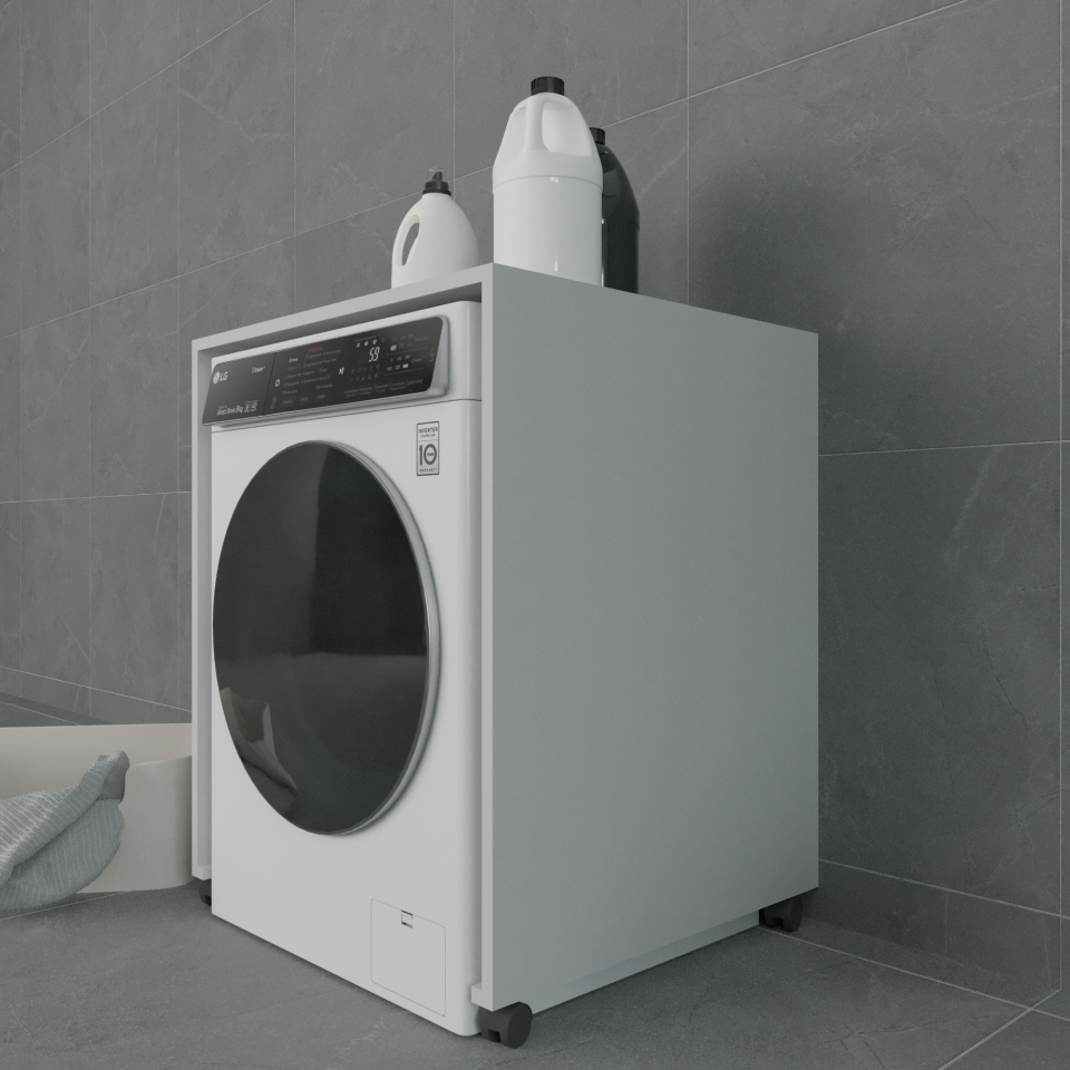 Soli-B 70 cm Parlak Beyaz MDF Lam Tekerlekli Çamaşır Makinesi Ünitesi