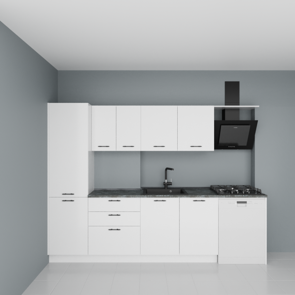 281 cm Özel Ölçülü Parlak Beyaz MDFLam Kapaklı, Parlak Beyaz MDF Lam Gövdeli Mutfak ve Castilla Mermer Rengi Laminat Tezgah