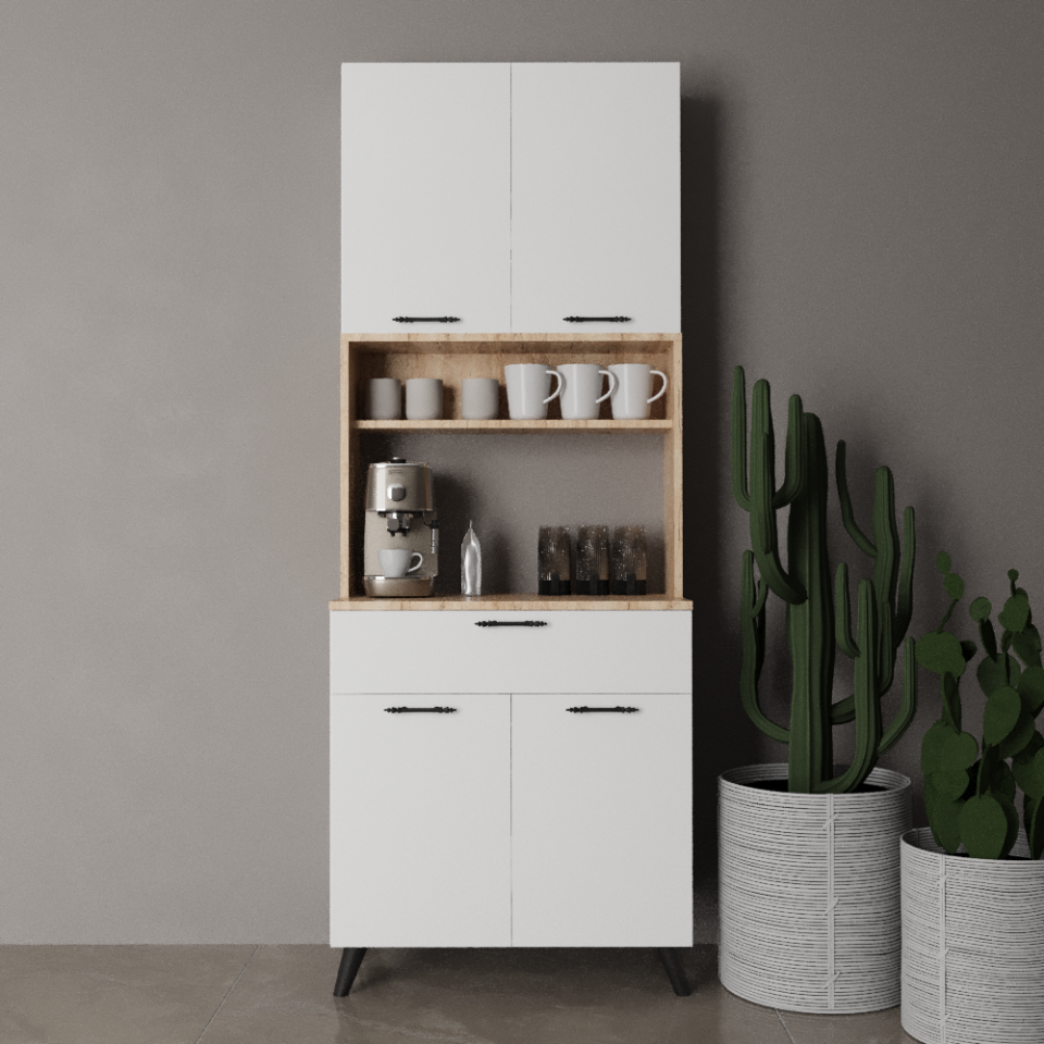 Armonia 80 cm Özel İmalat Mat Beyaz & Dokulu Mat Meşe MDF Lam Kahve Köşesi Dolabı