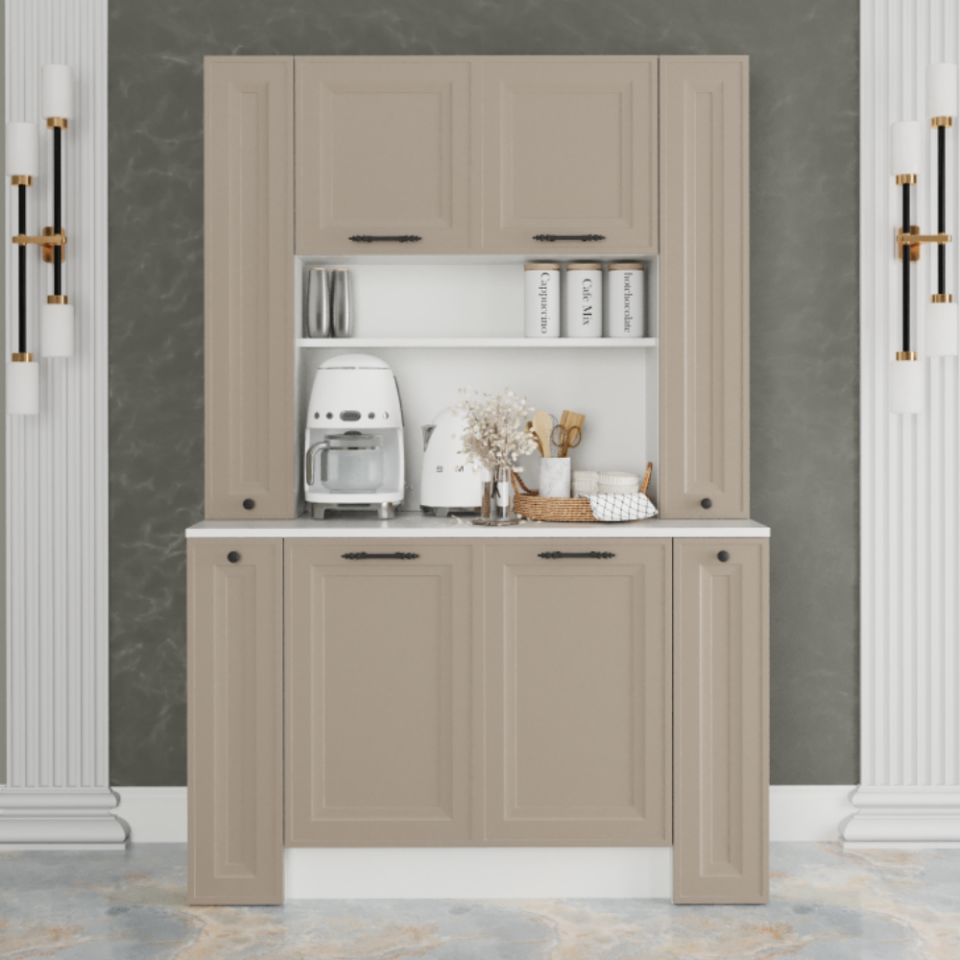 Gordion 120 cm Kahve Köşesi Mat İpeksi Cappuccino Membran Kapaklı Mat Beyaz MDF Lam Gövdeli