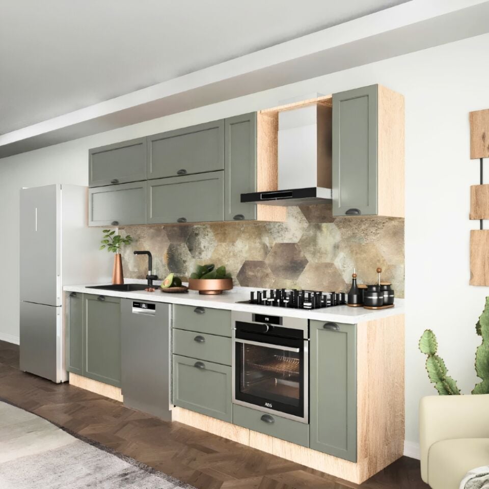 Daphne 300 cm Mutfak Dolabı Mat İpeksi Koyu Yeşil Membran Kapak & Mat Meşe MDF Lam Gövde