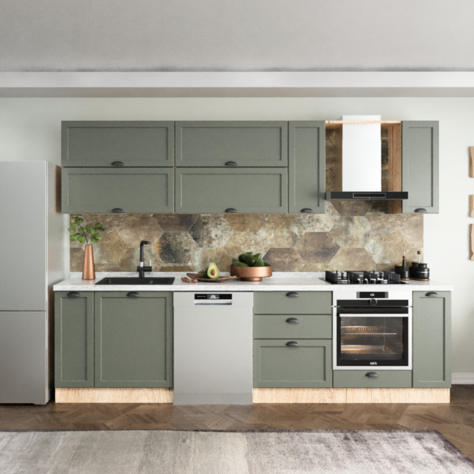 Daphne 300 cm Mutfak Dolabı Mat İpeksi Koyu Yeşil Membran Kapak & Mat Meşe MDF Lam Gövde