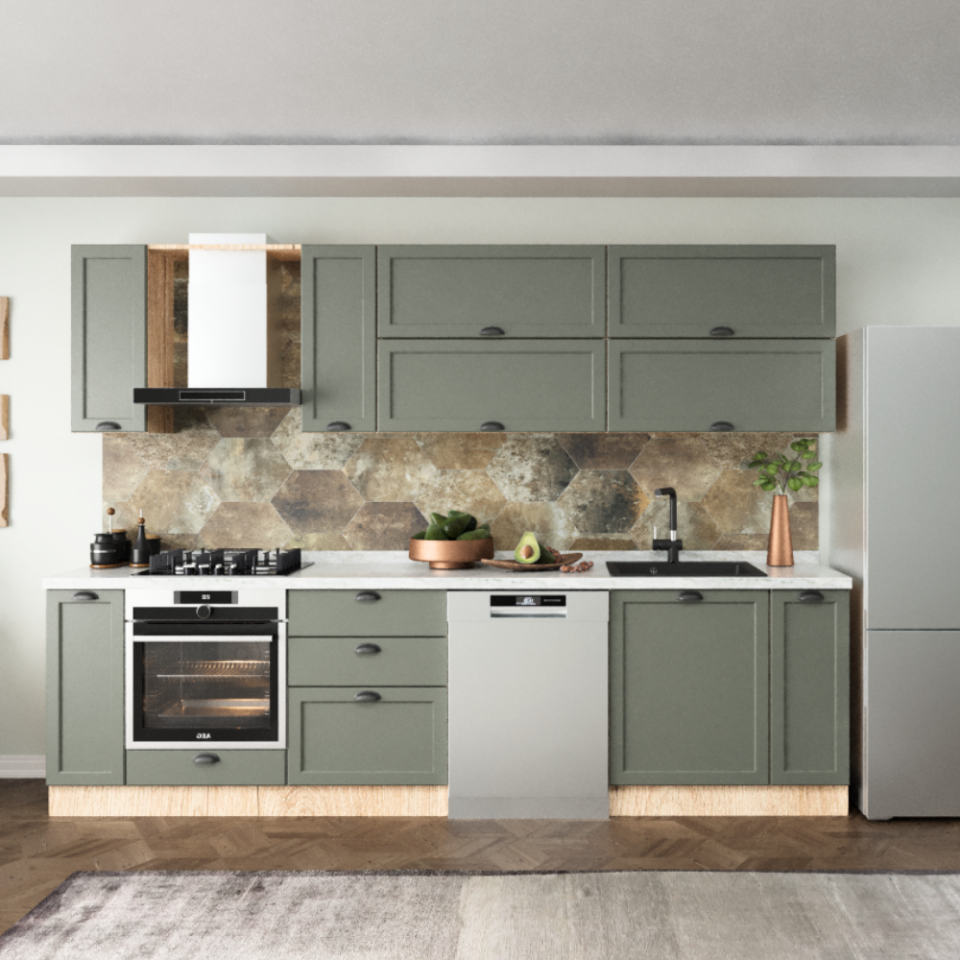 Amos 300 cm Mutfak Dolabı Mat İpeksi Koyu Yeşil Membran Kapak & Mat Meşe MDF Lam Gövde