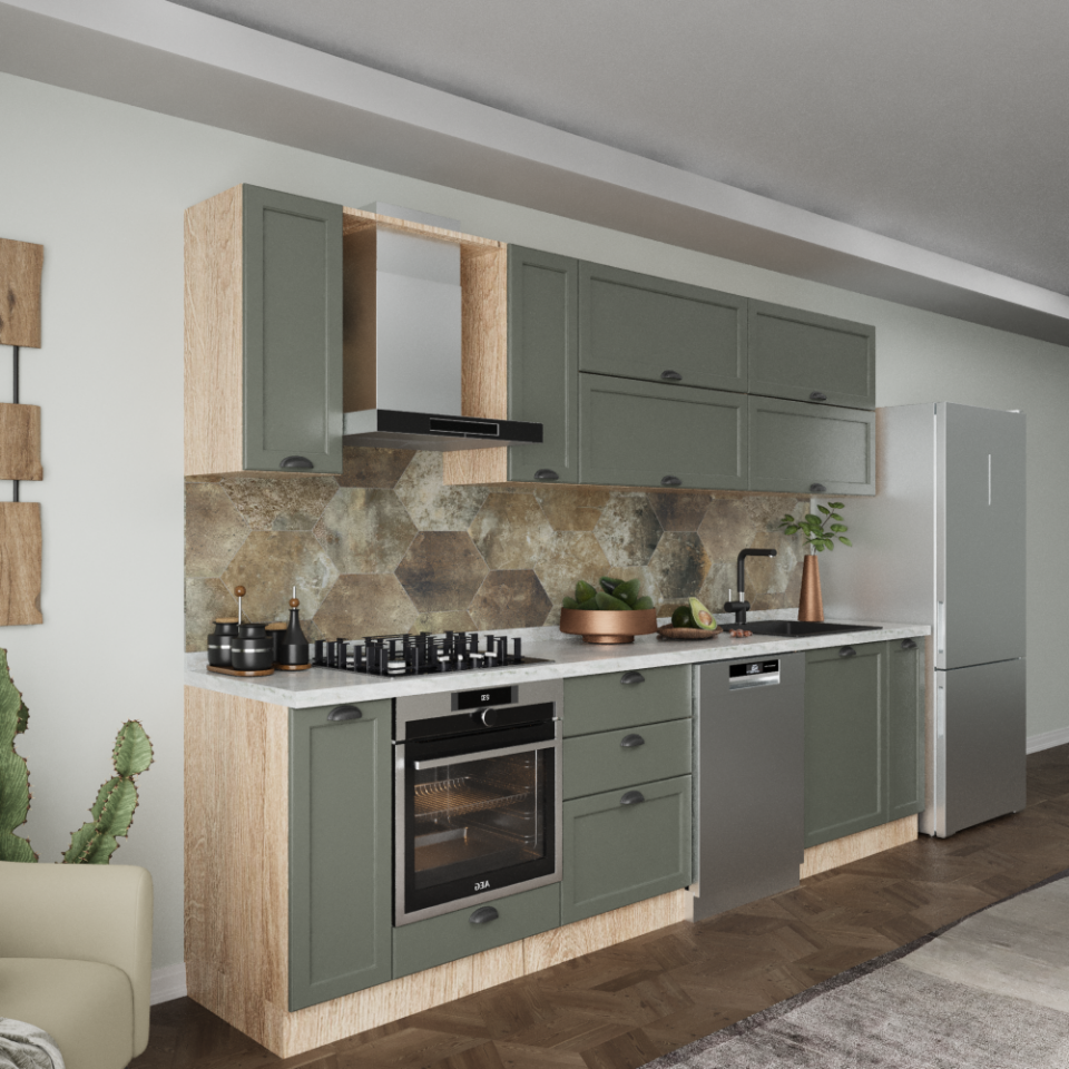 Amos 300 cm Mutfak Dolabı Mat İpeksi Koyu Yeşil Membran Kapak & Mat Meşe MDF Lam Gövde