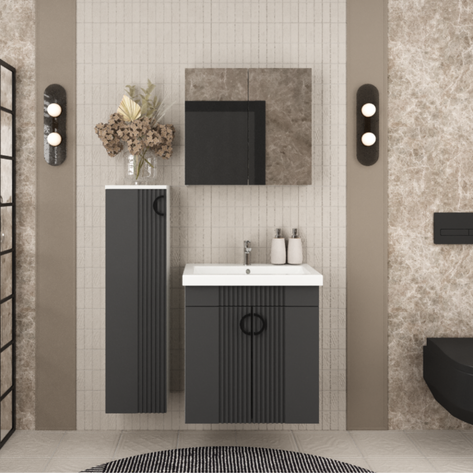 Lagina-L 65 cm Banyo Dolabı Takımı Mat İpeksi Antrasit CNC Membran Kapak & Mat Beyaz MDF Lam Gövde