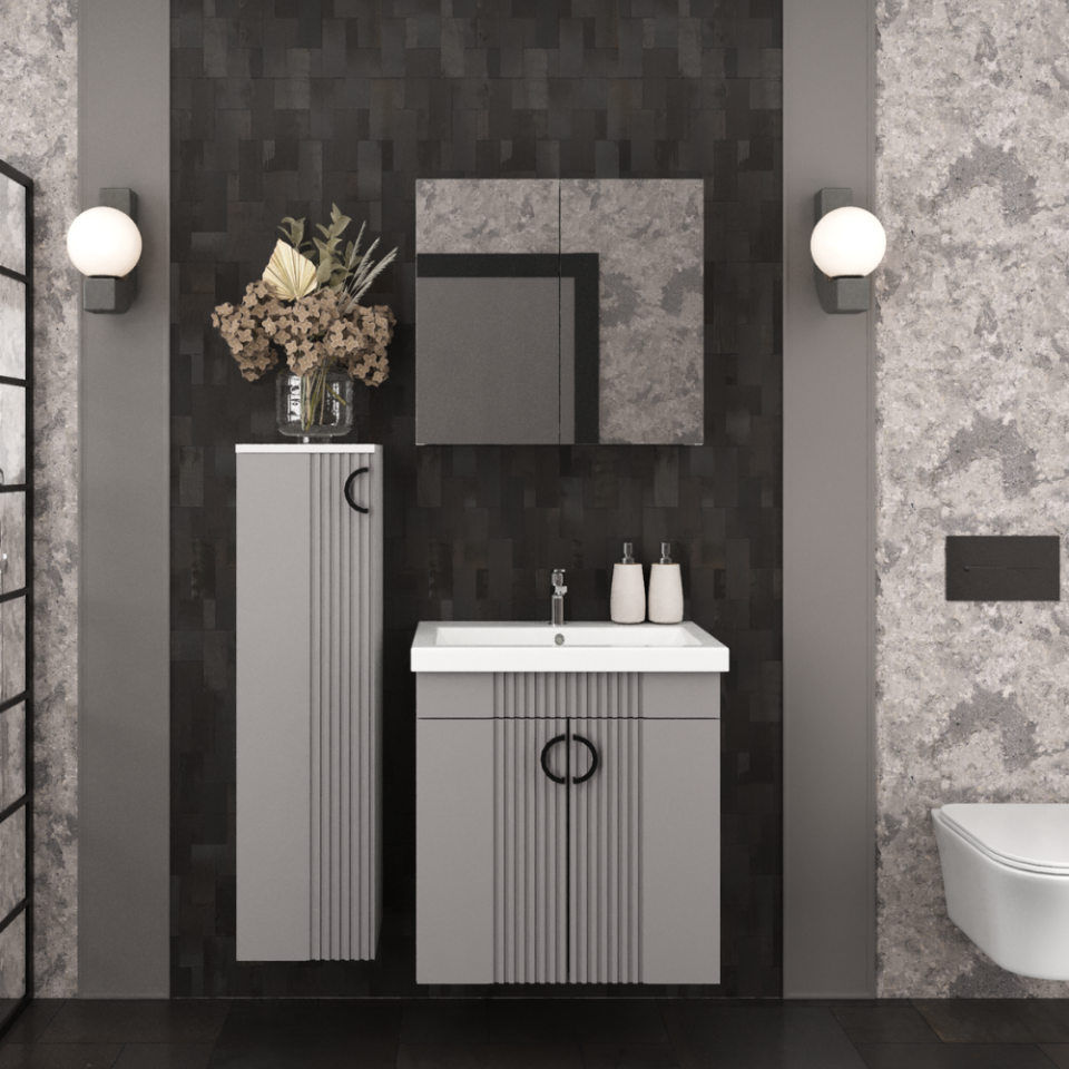 Palmira-L 65 cm Banyo Dolabı Takımı Mat İpeksi Kaşmir CNC Membran Kapak & Mat Beyaz MDF Lam Gövde
