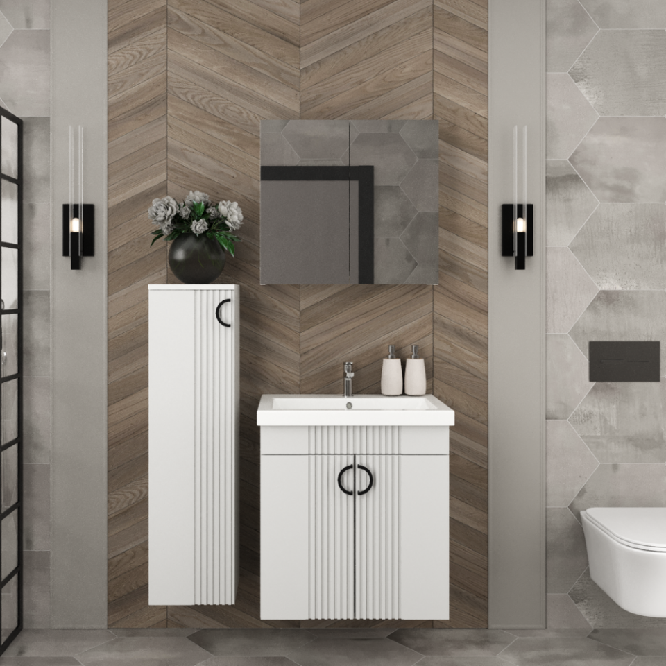 Arin-L 65 cm Banyo Dolabı Takımı Mat İpeksi Beyaz CNC Membran Kapak & Mat Beyaz MDF Lam Gövde