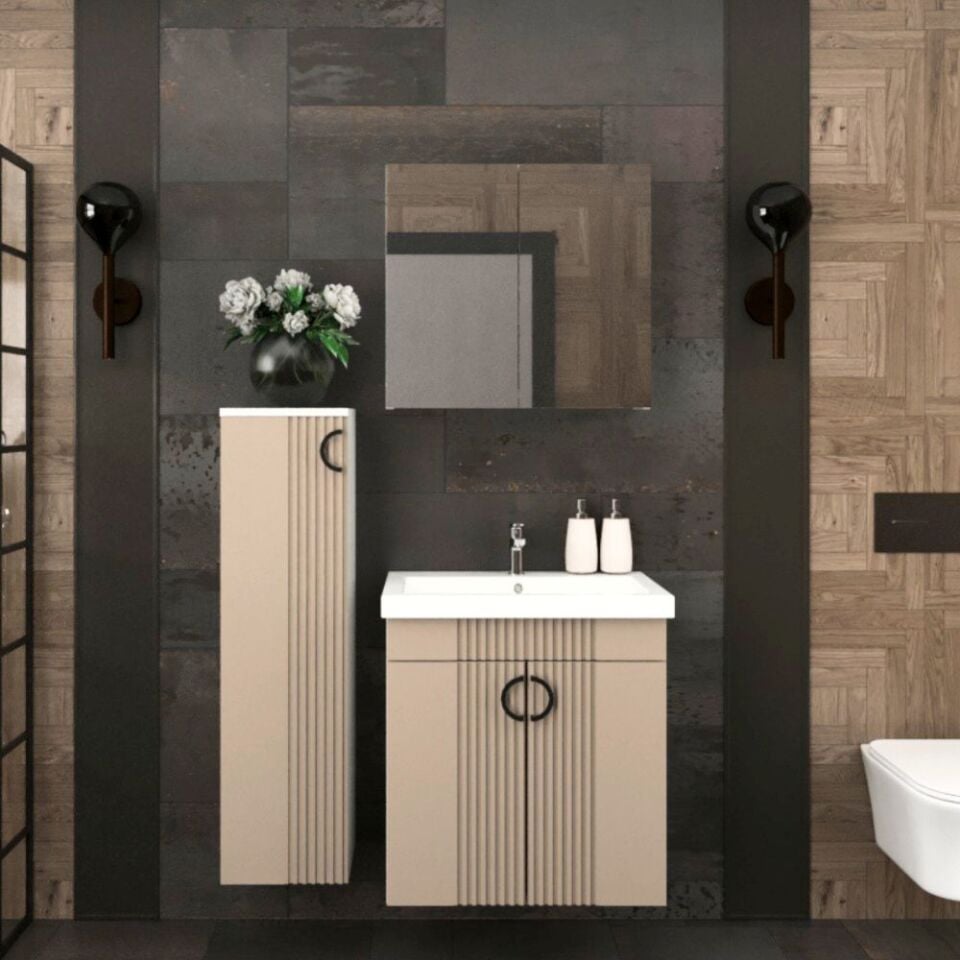 Serra-L 65 cm Banyo Dolabı Takımı Mat İpeksi Cappuccino CNC Membran Kapak & Mat Beyaz MDF Lam Gövde