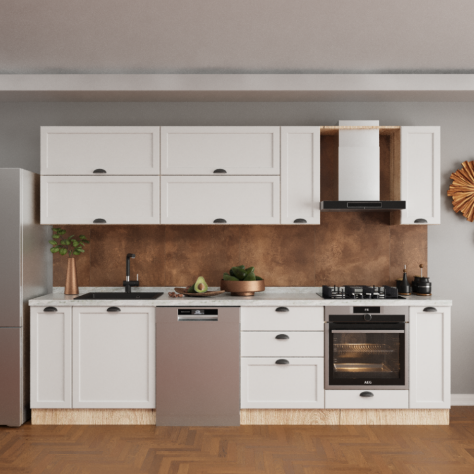 Mira 300 cm Mutfak Dolabı Mat İpeksi Beyaz Membran Kapak & Mat Meşe MDF Lam Gövde