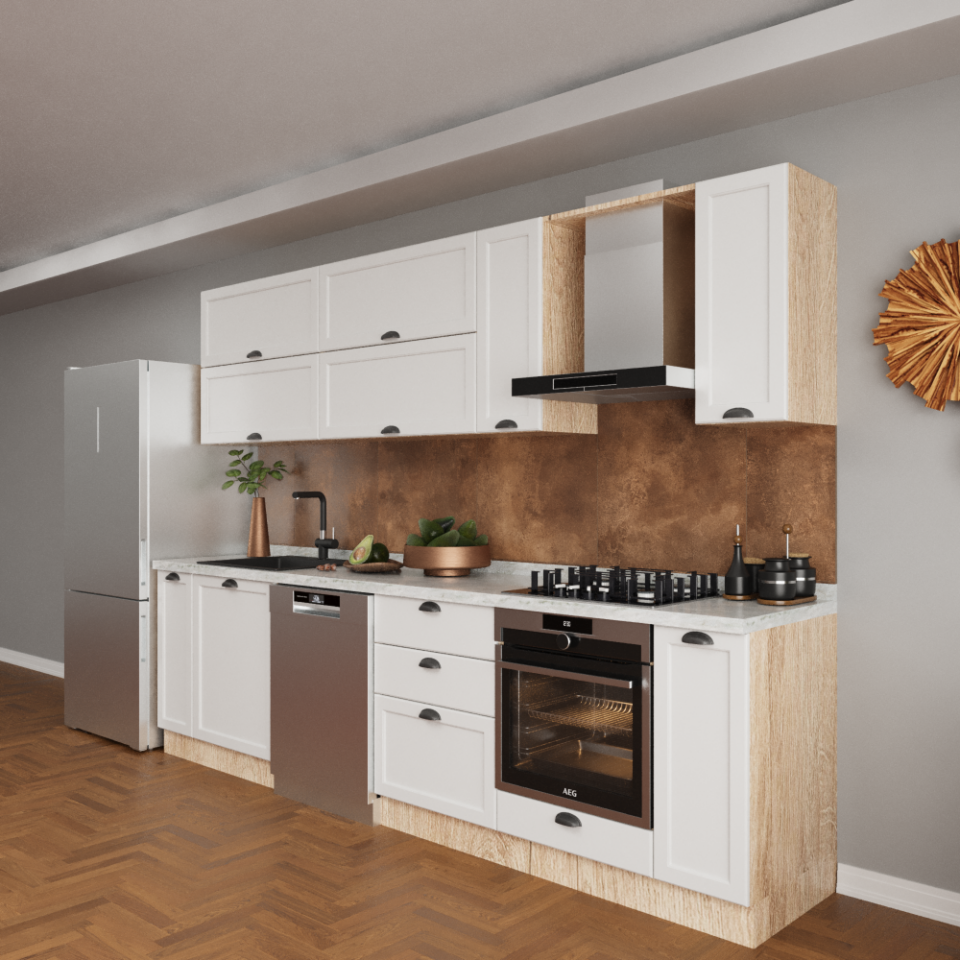 Mira 300 cm Mutfak Dolabı Mat İpeksi Beyaz Membran Kapak & Mat Meşe MDF Lam Gövde