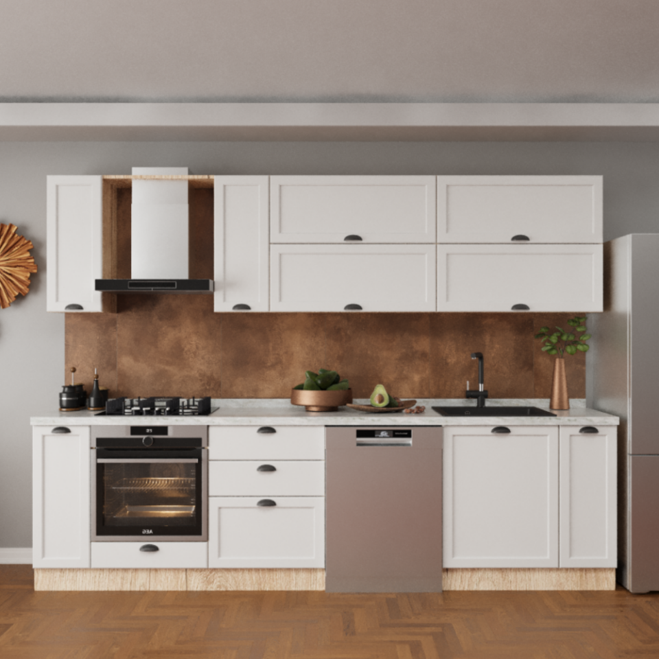 Nora 300 cm Mutfak Dolabı Mat İpeksi Beyaz Membran Kapak & Mat Meşe MDF Lam Gövde