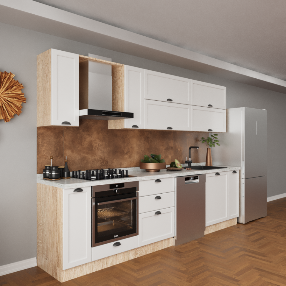 Nora 300 cm Mutfak Dolabı Mat İpeksi Beyaz Membran Kapak & Mat Meşe MDF Lam Gövde