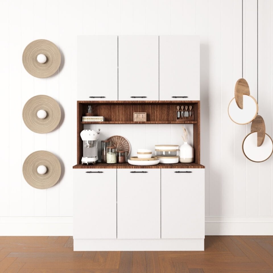 Edessa 120 cm Mat Beyaz & Mat Ceviz MDF Lam Kahve Köşesi Dolabı