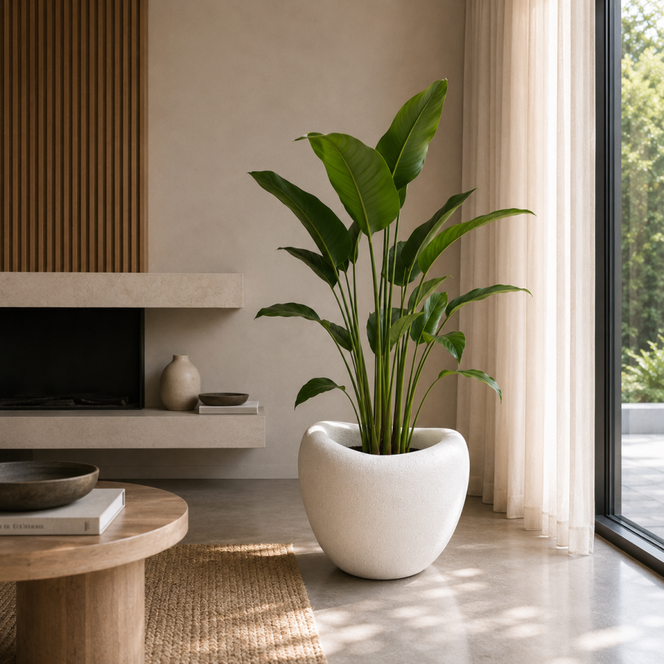 Luna-S Beton Görünümlü Fiberglass Saksı 40 cm x 30 cm - İç ve Dış Mekana Uyumlu