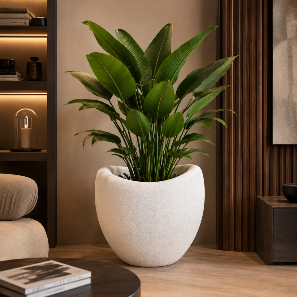 Luna-XL Beton Görünümlü Fiberglass Saksı 60 cm x 65 cm - İç ve Dış Mekana Uyumlu