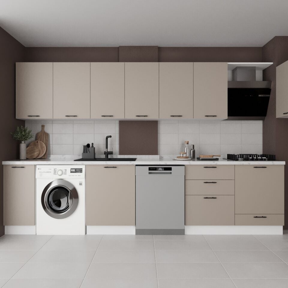 Ellora 340 cm Özel İmalat Mat Vizon MDF Lam Kapaklı Mat Beyaz MDF Lam Gövdeli Mutfak Dolabı