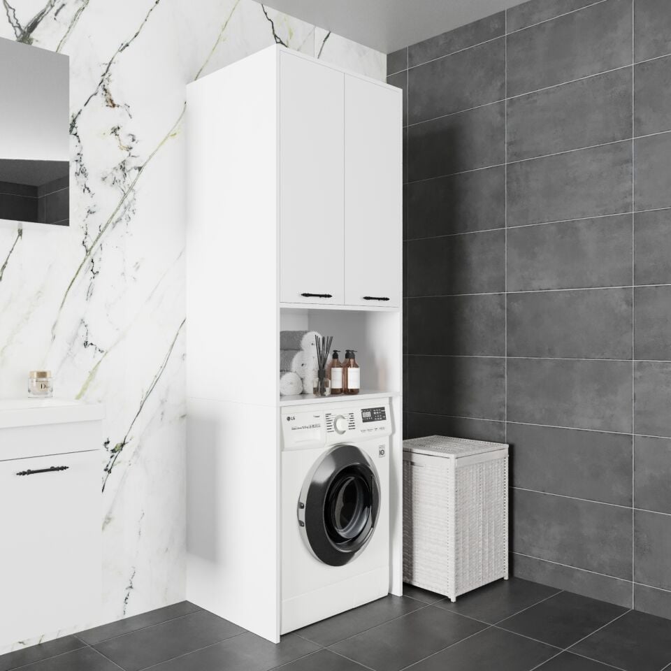 Troya 70 cm Çamaşır Makinesi ve Depolama Dolabı Mat Beyaz MDF Lam