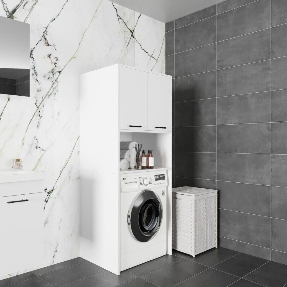 Troya-S 70 cm Çamaşır Makinesi ve Depolama Dolabı Mat Beyaz MDF Lam