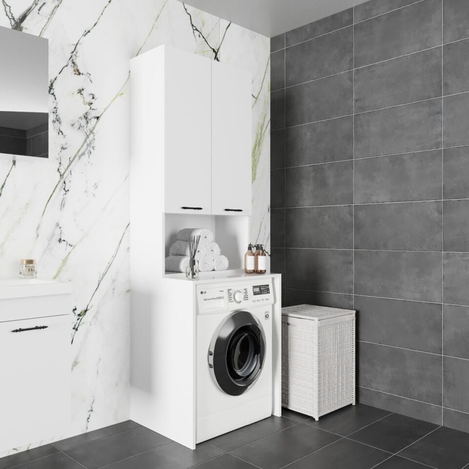 Aspena 70 cm Çamaşır Makinesi ve Depolama Dolabı Mat Beyaz MDF Lam