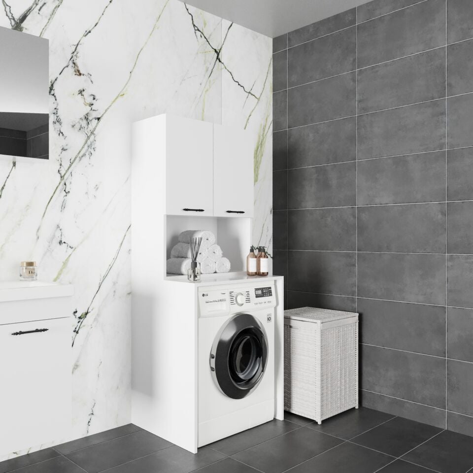 Aspena-S 70 cm Çamaşır Makinesi ve Depolama Dolabı Mat Beyaz MDF Lam